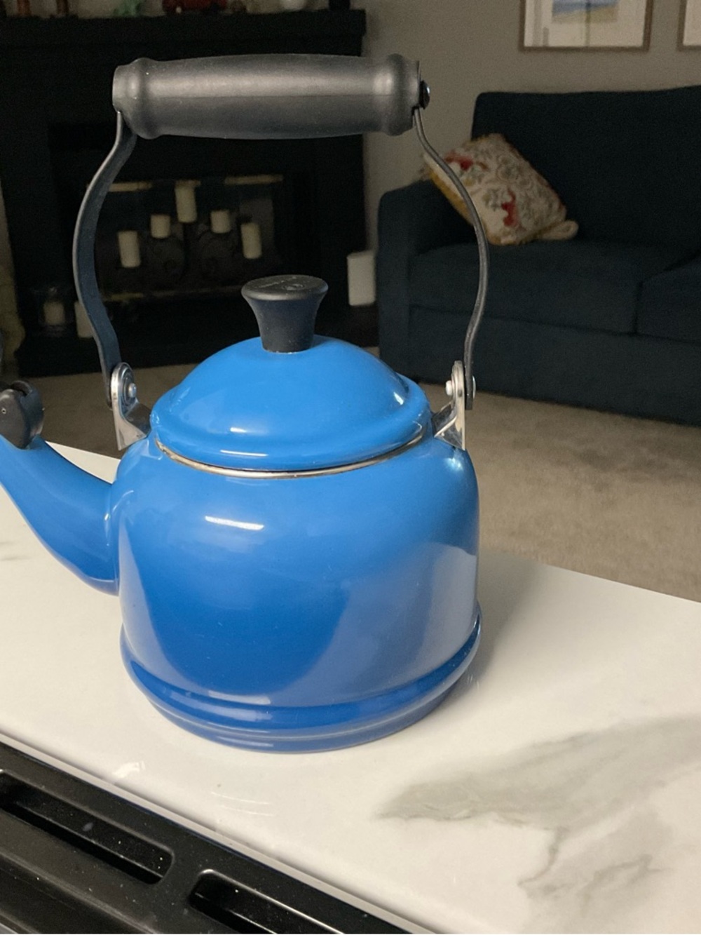 Le Creuset Bright Blue Enamel Whistling Tea Kettle with Black Handle